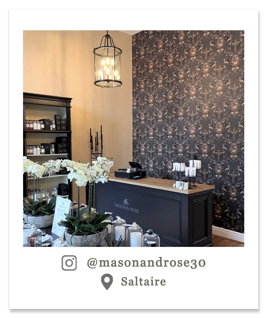 Dark Charcoal Luxury Wallpaper in Shop Interior by UK Designer, Becca Who