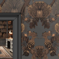 Dark Statement Wallpaper with English Birds & Floral design by Designer, Becca Who