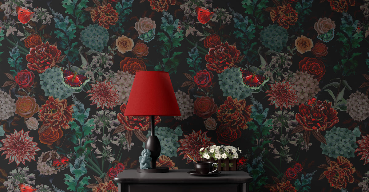 Dark floral designer wallpaper by Becca Who on a feature wall