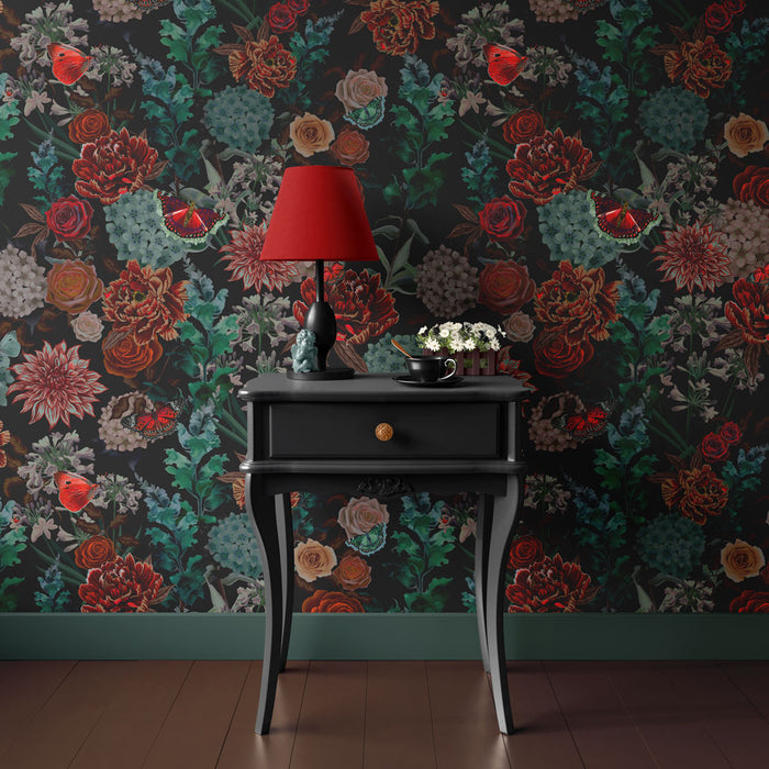 Dark Floral Wallpaper Decor by UK Designer, Becca Who
