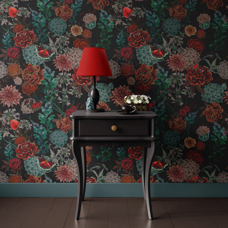 Dark Floral Wallpaper Decor by UK Designer, Becca Who