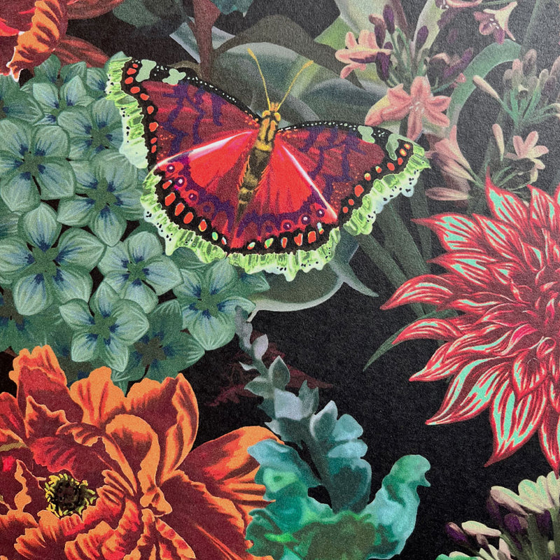 Dark Floral Dramatic Vintage Style Wallpaper on Black by UK Designer Becca Who
