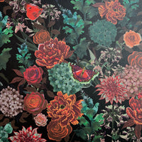 Dark Floral Dramatic Designer Wallpaper Flowerbed with Red, Teal and Pink Flowers on Black by Becca Who