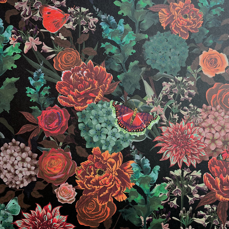 Dark Floral Dramatic Designer Wallpaper Flowerbed with Red, Teal and Pink Flowers on Black by Becca Who