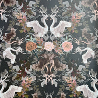 Charcoal Dramatic Dark Patterned Wallpaper with Swans & Floral by Designer, Becca Who