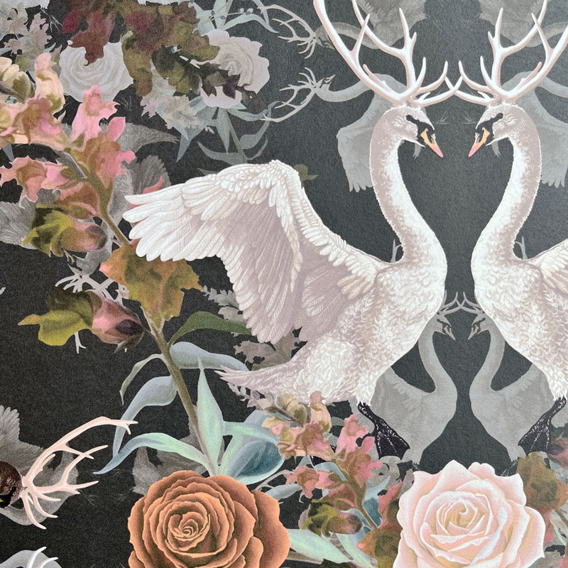 Dark Luxury Patterned Wallpaper with Swans by Designer, Becca Who