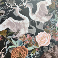 Charcoal Patterned Wallpaper with Swans by Designer, Becca Who
