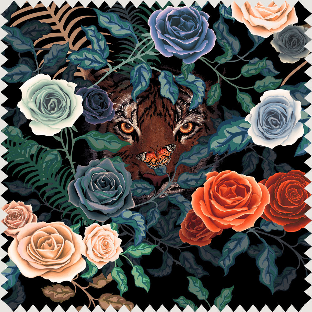Dark Floral and Tigers Designer Velvet Fabric for Interiors by Becca Who