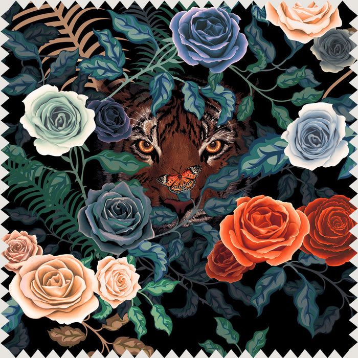 Dark Floral and Tigers Designer Velvet Fabric for Interiors by Becca Who