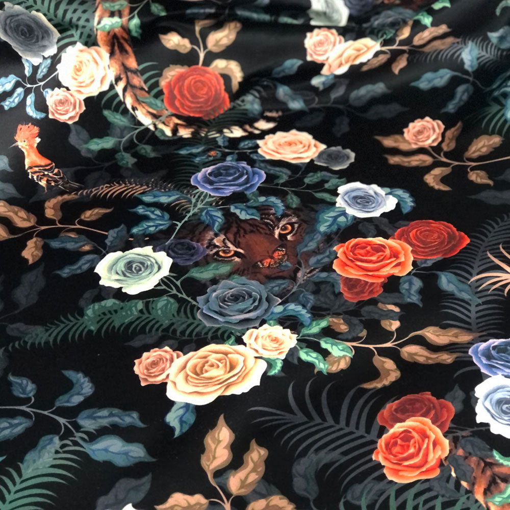 Dramatic dark floral furnishing fabric with tigers becca who