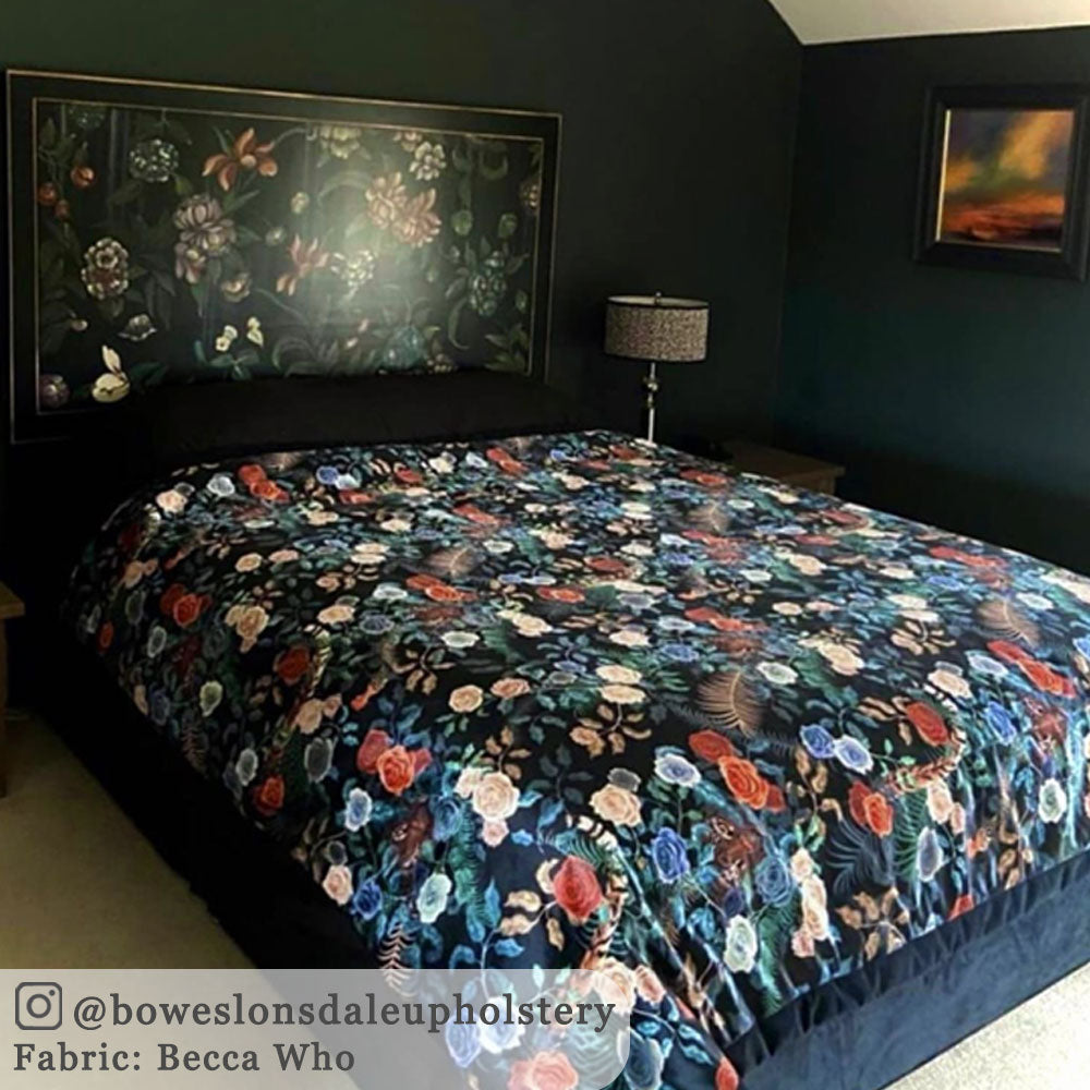 Dark Floral Velvet Fabric by Designer, Becca Who, on Bedspread
