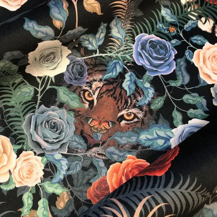 Dark Floral Furnishing Fabric with Tigers by Designer, Becca Who