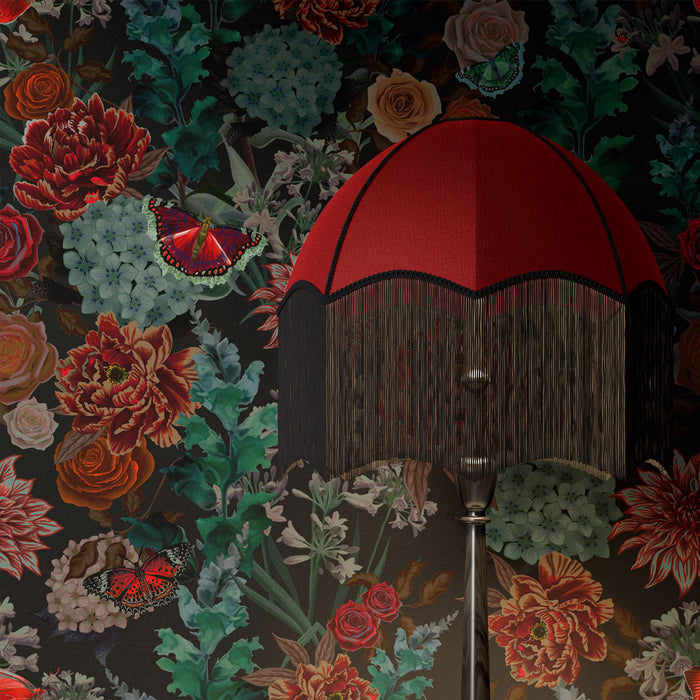 Dark Floral Dramatic Designer Wallpaper Flowerbed in Red, Pink, Teal and Black by Becca Who