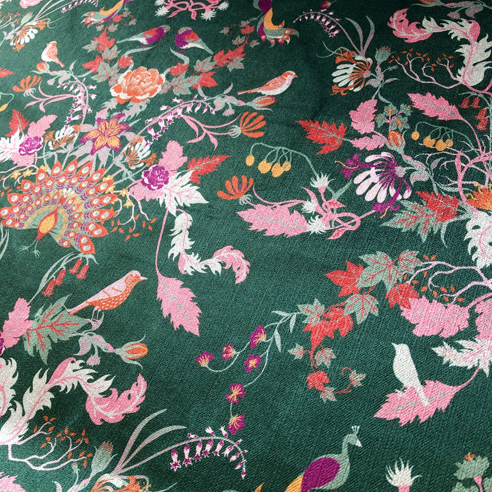 Dark Green Patterned Velvet Fabric Material with Birds & Floral Print for Upholstery, Curtains & Furnishings by Designer, Becca Who