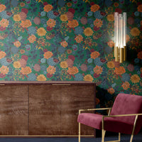 Bold, Colourful Floral Wallpaper on Green for Vintage Style Decor by Designer, Becca Who 