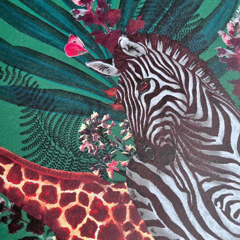 Bold Statement Wallpaper with African Animals in Deep Green by Designer, Becca Who