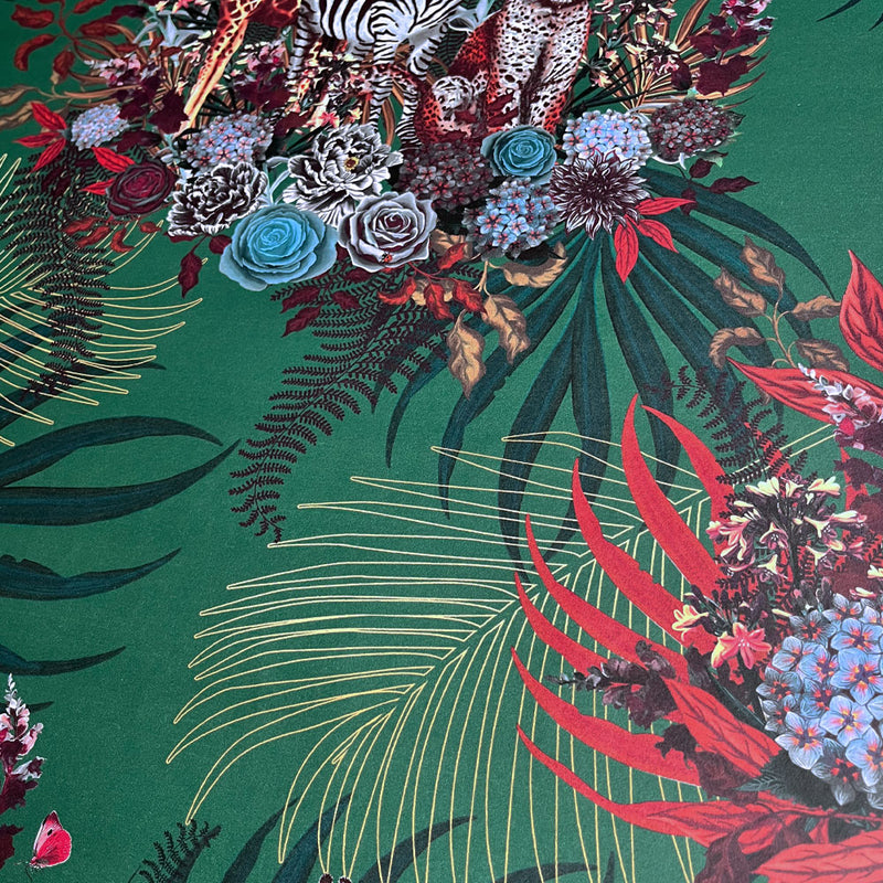 Statement Feature Wallpaper with African Animals in Deep Green by Designer, Becca Who