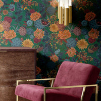 Colourful Floral Luxury Wallpaper on Green by Designer, Becca Who 