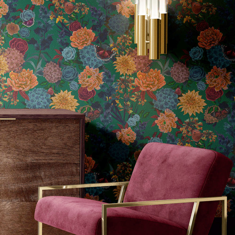 Colourful Floral Luxury Wallpaper on Green by Designer, Becca Who 