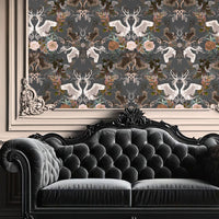 Dark Grey Floral Luxury Patterned Wallpaper with Swans by Designer, Becca Who