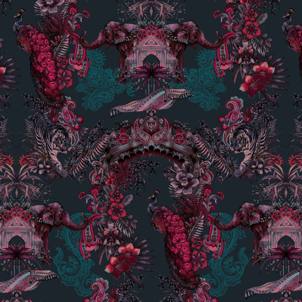 Dark Jewel Toned Pink Teal Dark Blue Indian Patterned Wallpaper by Designer, Becca Who