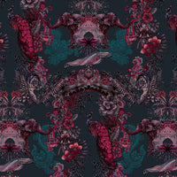 Dark Jewel Toned Pink Teal Dark Blue Indian Patterned Wallpaper by Designer, Becca Who