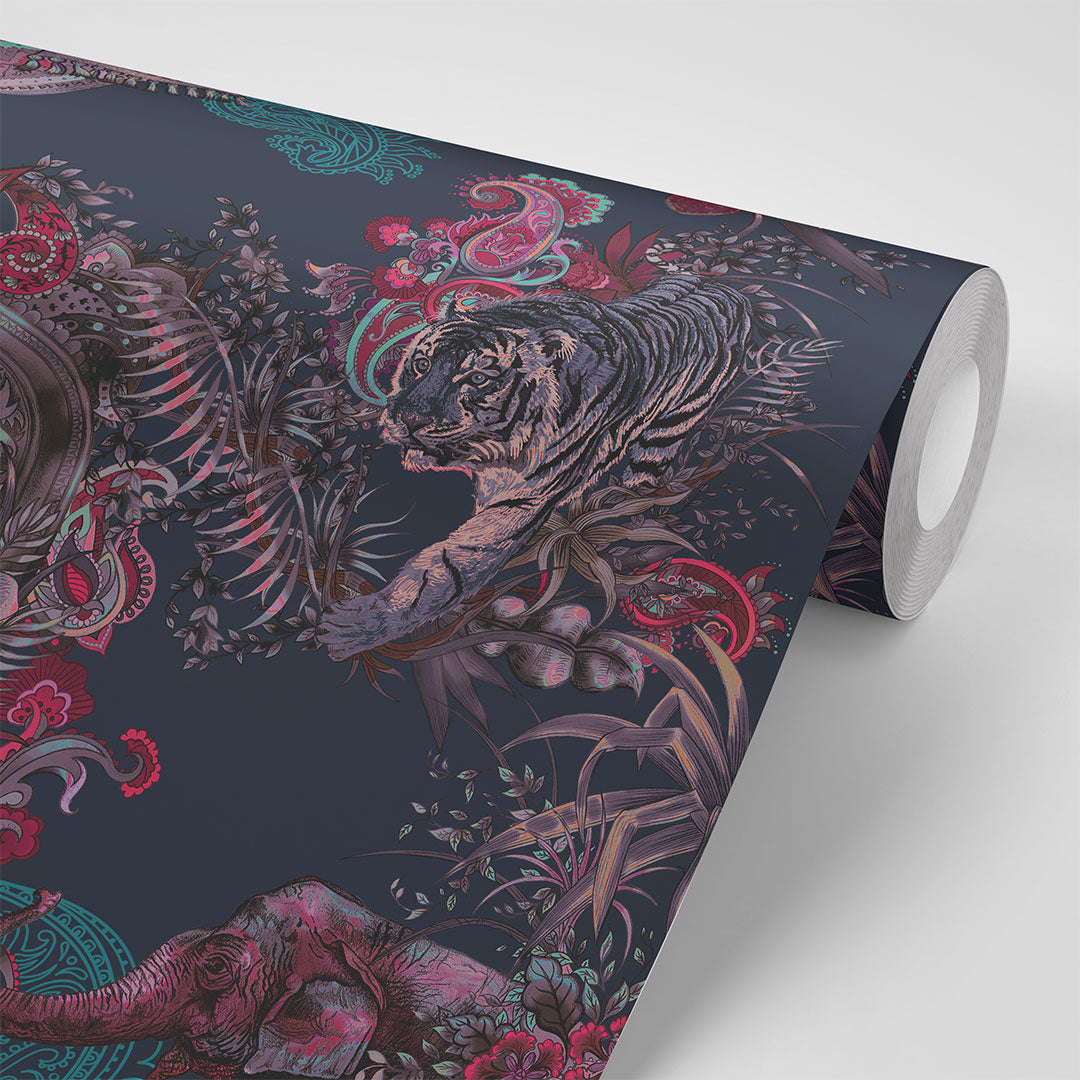 Pink & Dark Blue Indian Patterned Wallpaper for Statement Interiors by Designer, Becca Who