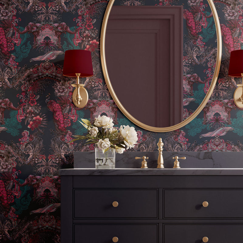 Pink & Dark Blue Indian Patterned Luxury Statement Wallpaper by Designer, Becca Who