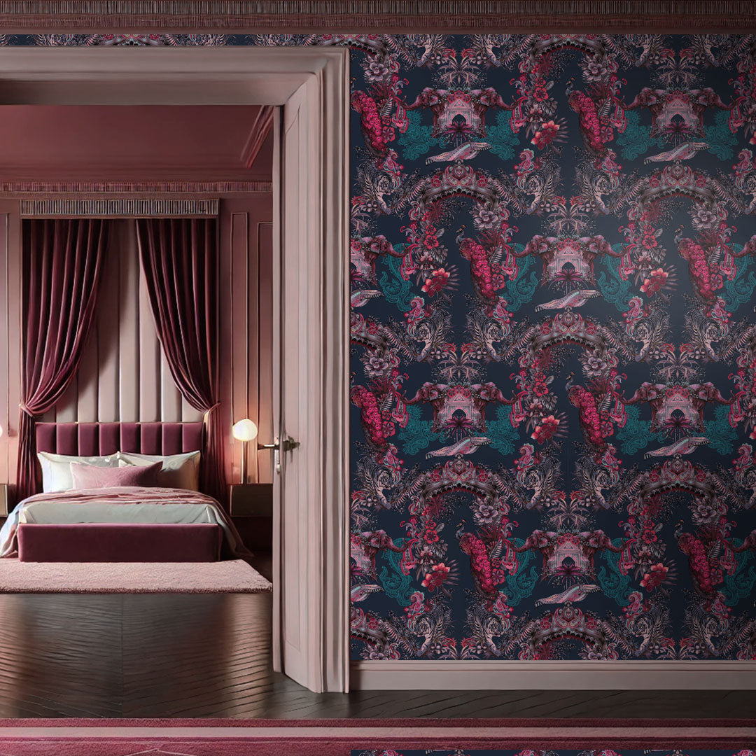 Deep Pink & Dark Blue Luxury Statement Bedroom Wallpaper