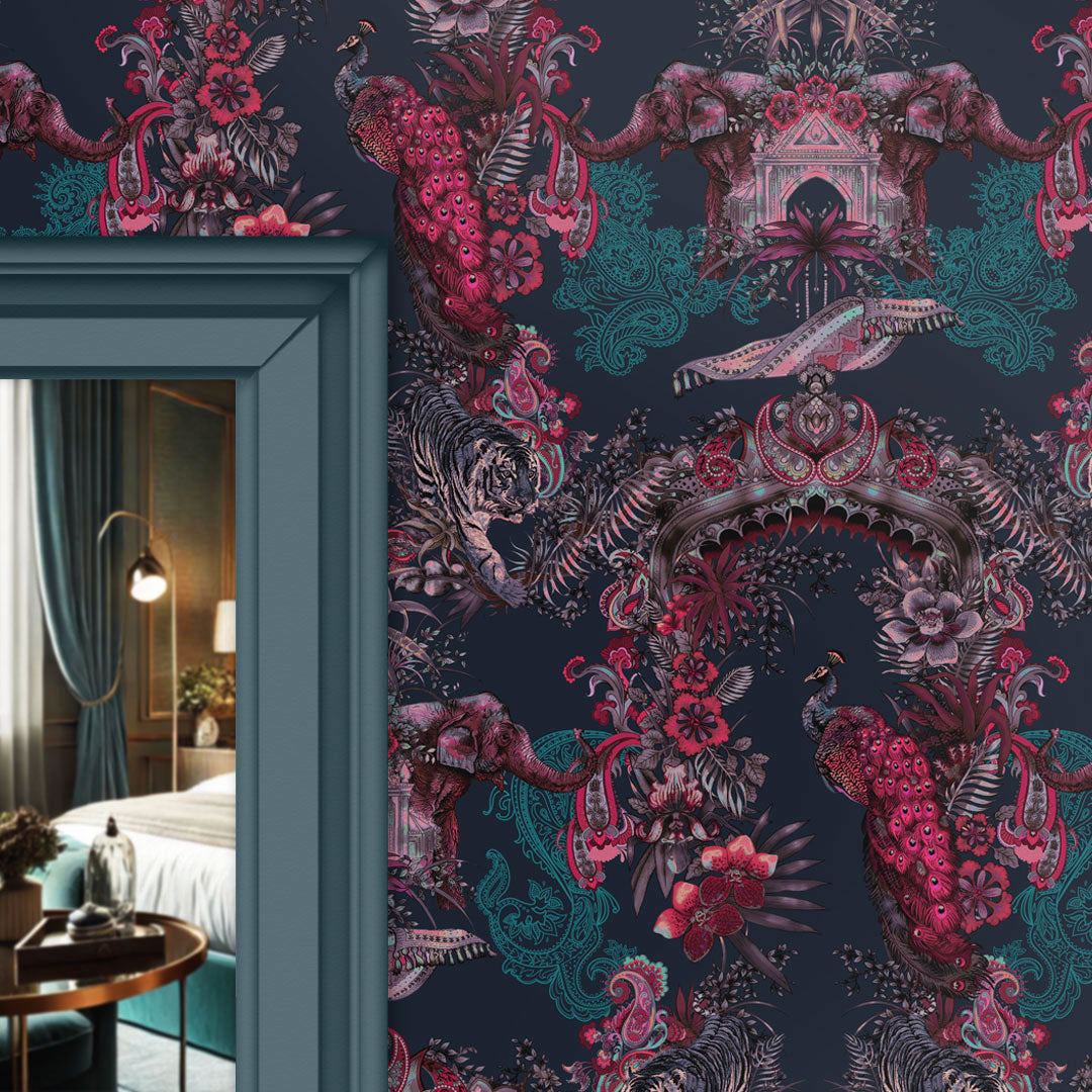 Deep Pink & Dark Blue Indian Patterned Statement Wallpaper by UK Designer, Becca Who