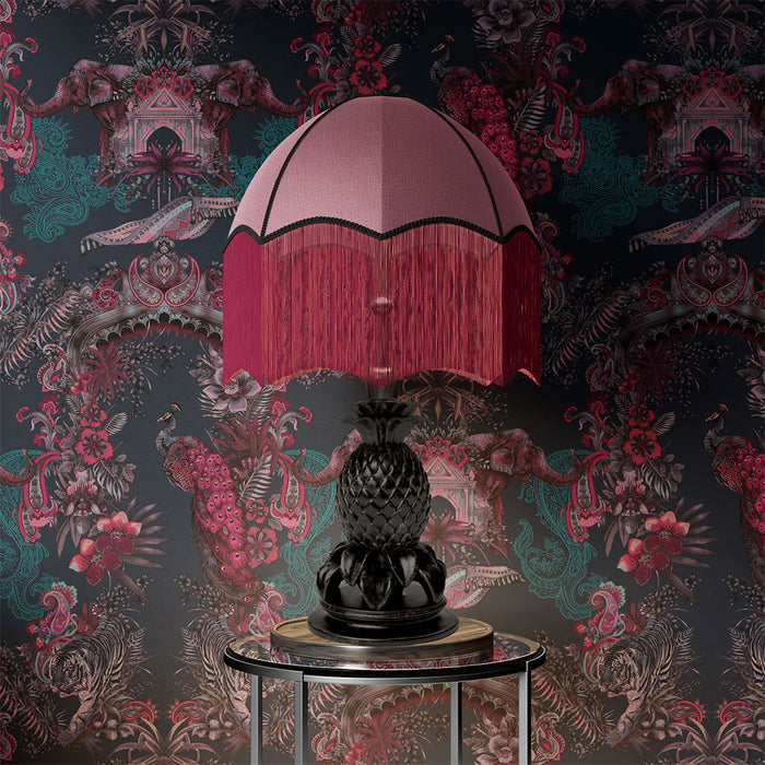 Deep Pink & Dark Blue Indian Patterned Bedroom Wallpaper by UK Designer, Becca Who