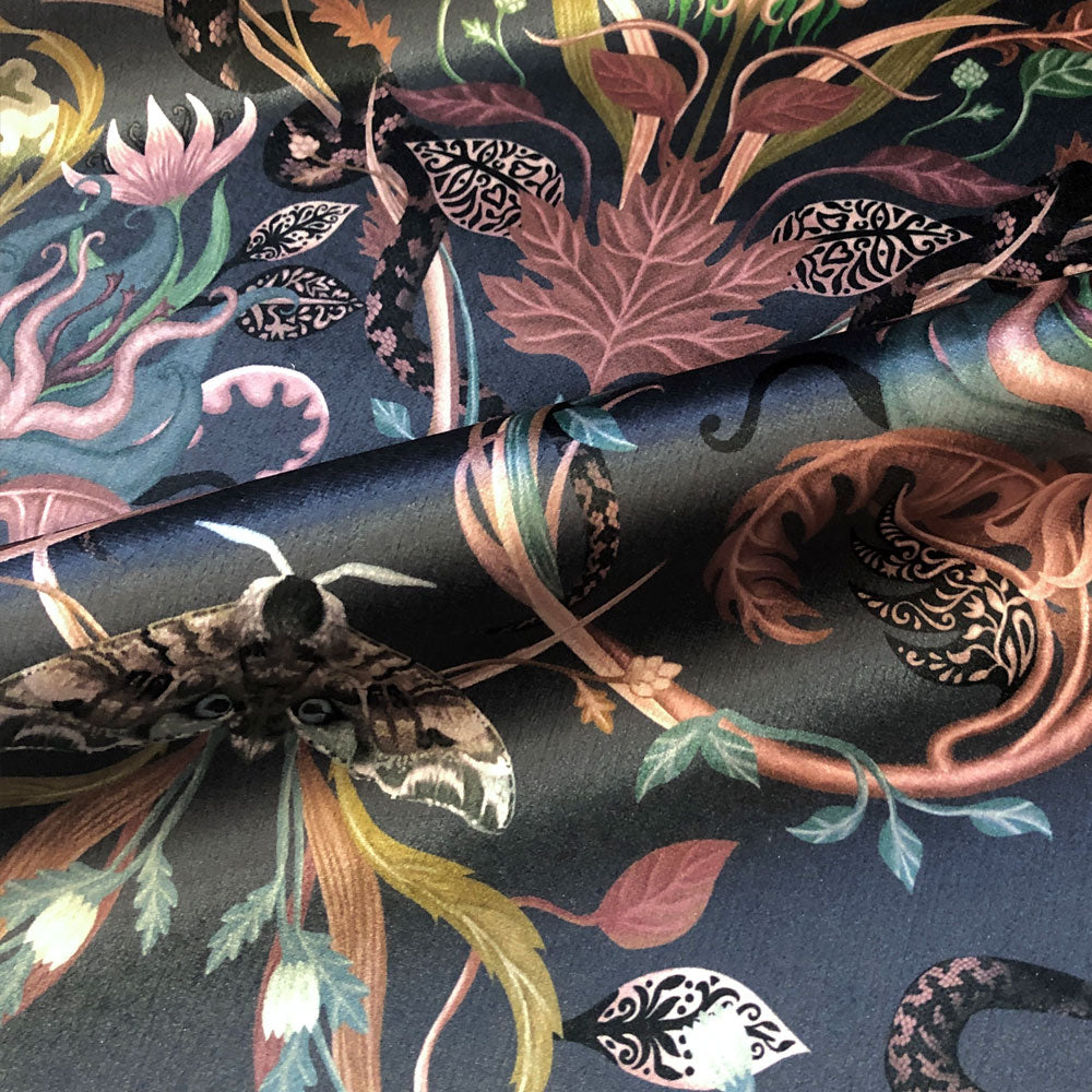 Blush Pink and Blue Snakes Patterned Velvet Fabric for Interiors by Designer, Becca Who