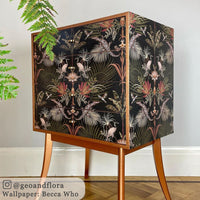 Dark Patterned Feature Wallpaper by Designer, Becca Who in Black & Gold on upcycled furniture