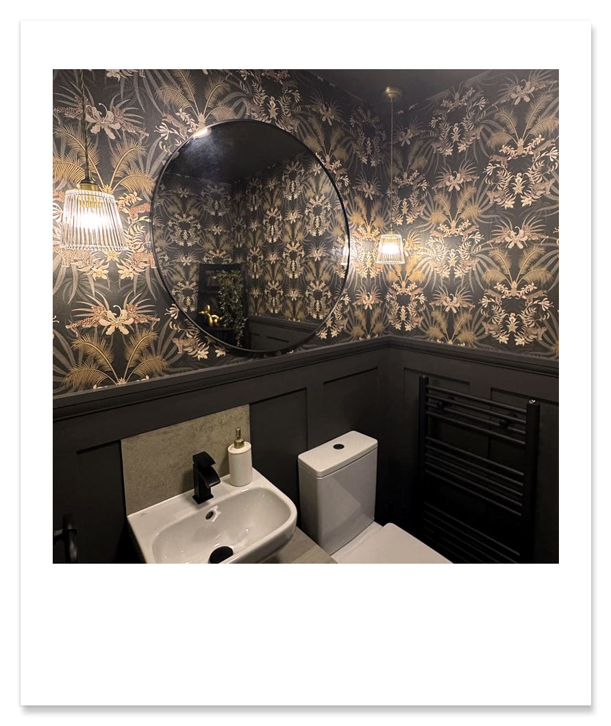 Dark Luxury Wallpaper in Powder Room in Charcoal and Gold Maximalist Decor by UK Designer, Becca Who