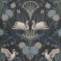 Deco Swan Luxury Wallpaper in Midnight Blue by UK Designer Becca Who
