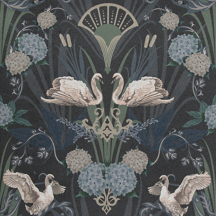 Deco Swan Luxury Wallpaper in Midnight Blue by UK Designer Becca Who