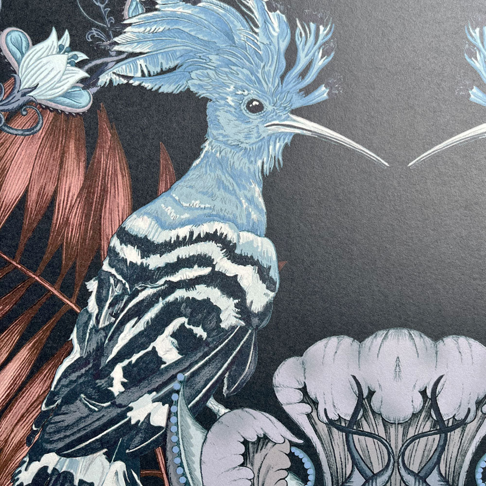 Dark Blue Bold Statement Wallpaper with Birds for Luxury Home Decor by UK Designer, Becca Who