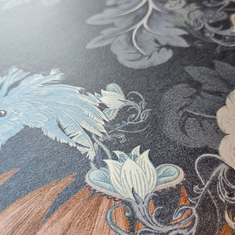 Dark Blue Bold Statement Wallpaper with Birds by UK Designer, Becca Who