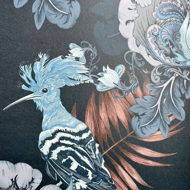 Dark Blue Bold Statement Wallpaper with Birds by UK Textile Designer, Becca Who