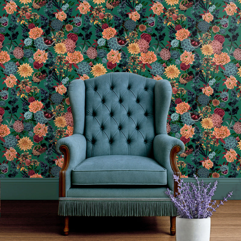 Colourful Floral Maximalist Wallpaper on Green by Designer, Becca Who 