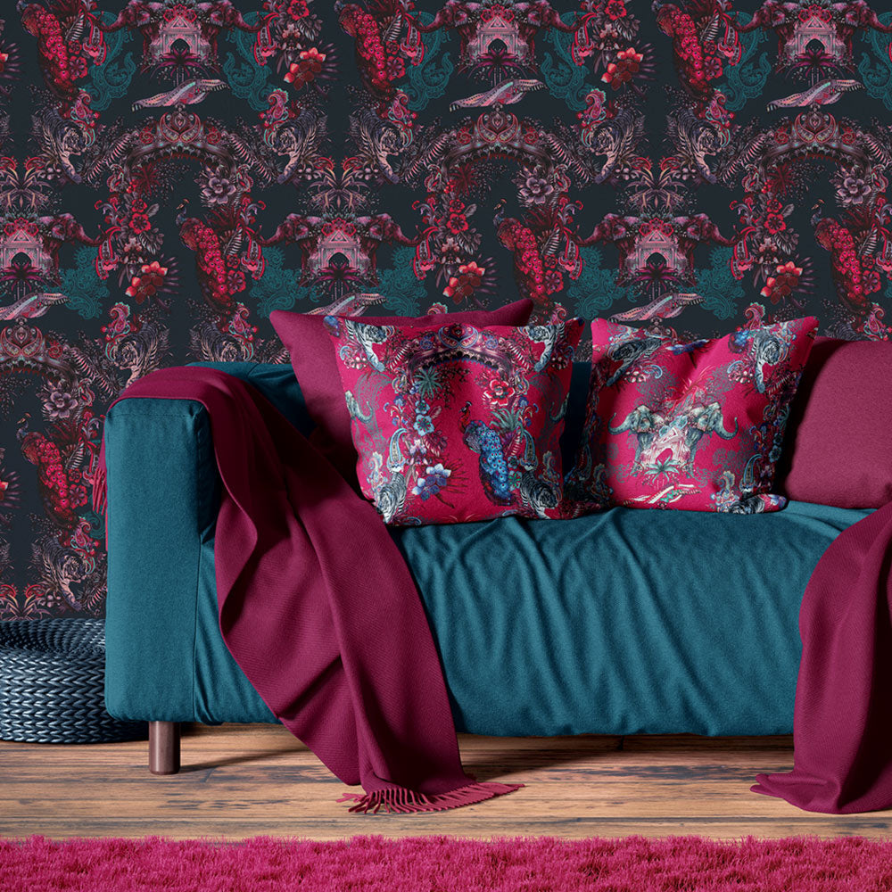 Pink & Blue Indian Pattern Wallpaper and Fabric by Designer, Becca Who