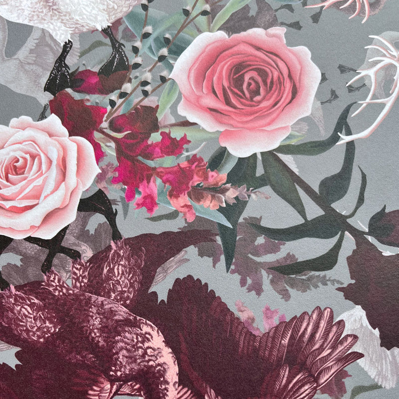 Patterned Floral Wallpaper with Swans in Pink & Grey & Claret by Designer, Becca Who