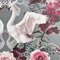 Patterned Designer Wallpaper with Swans & Florals in Hot Pink by Becca Who