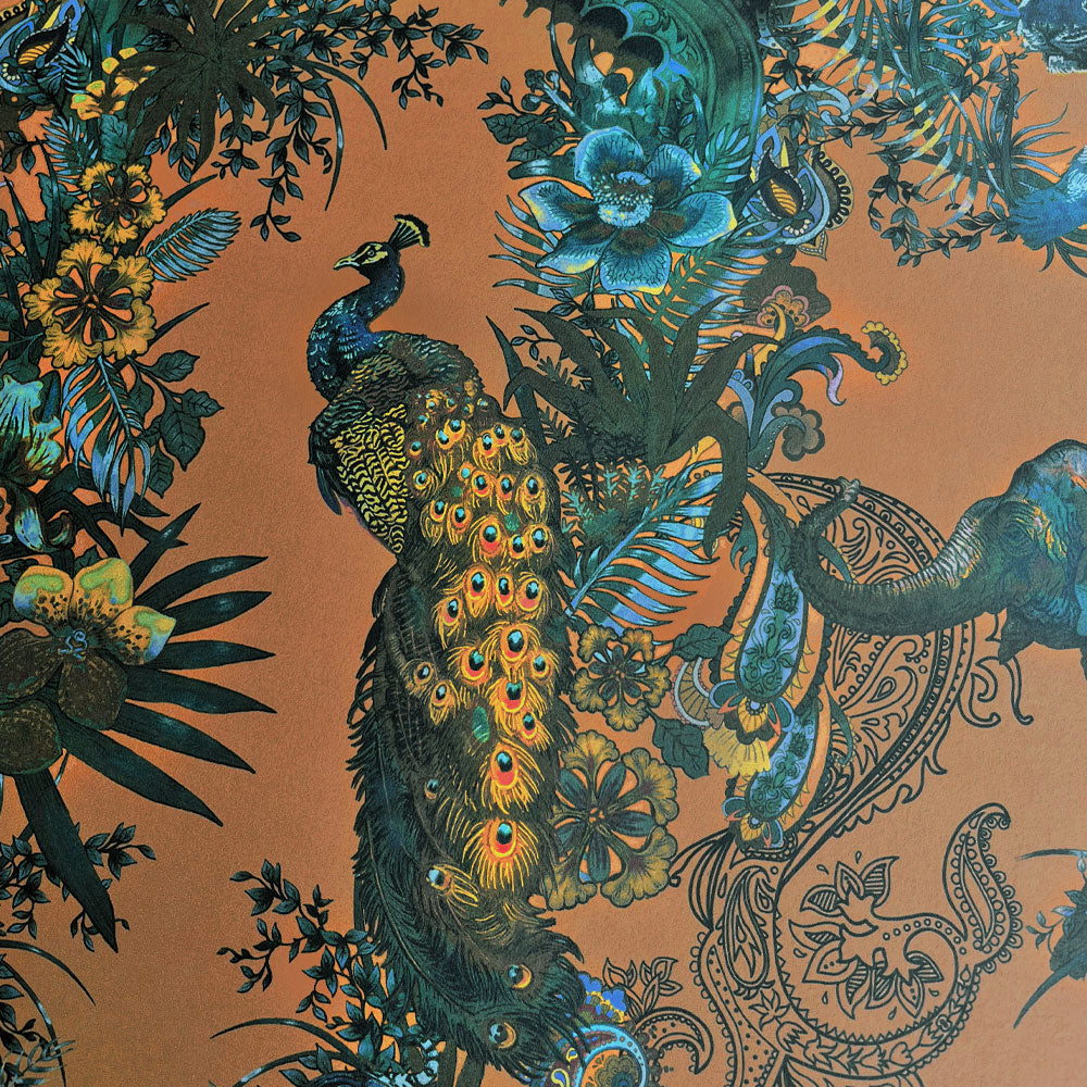 Statement Designer Wallpaper with Peacocks and Indian Pattern in Ochre Yellow by Designer, Becca Who