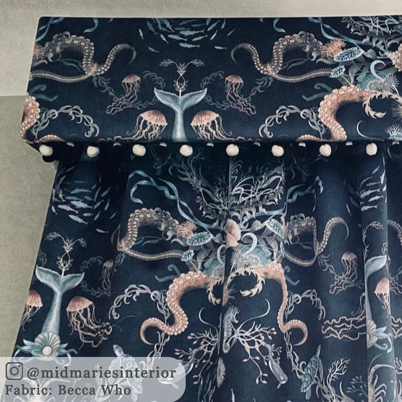 Dark Blue Ocean Patterned Velvet Fabric for Curtains by Designer, Becca Who
