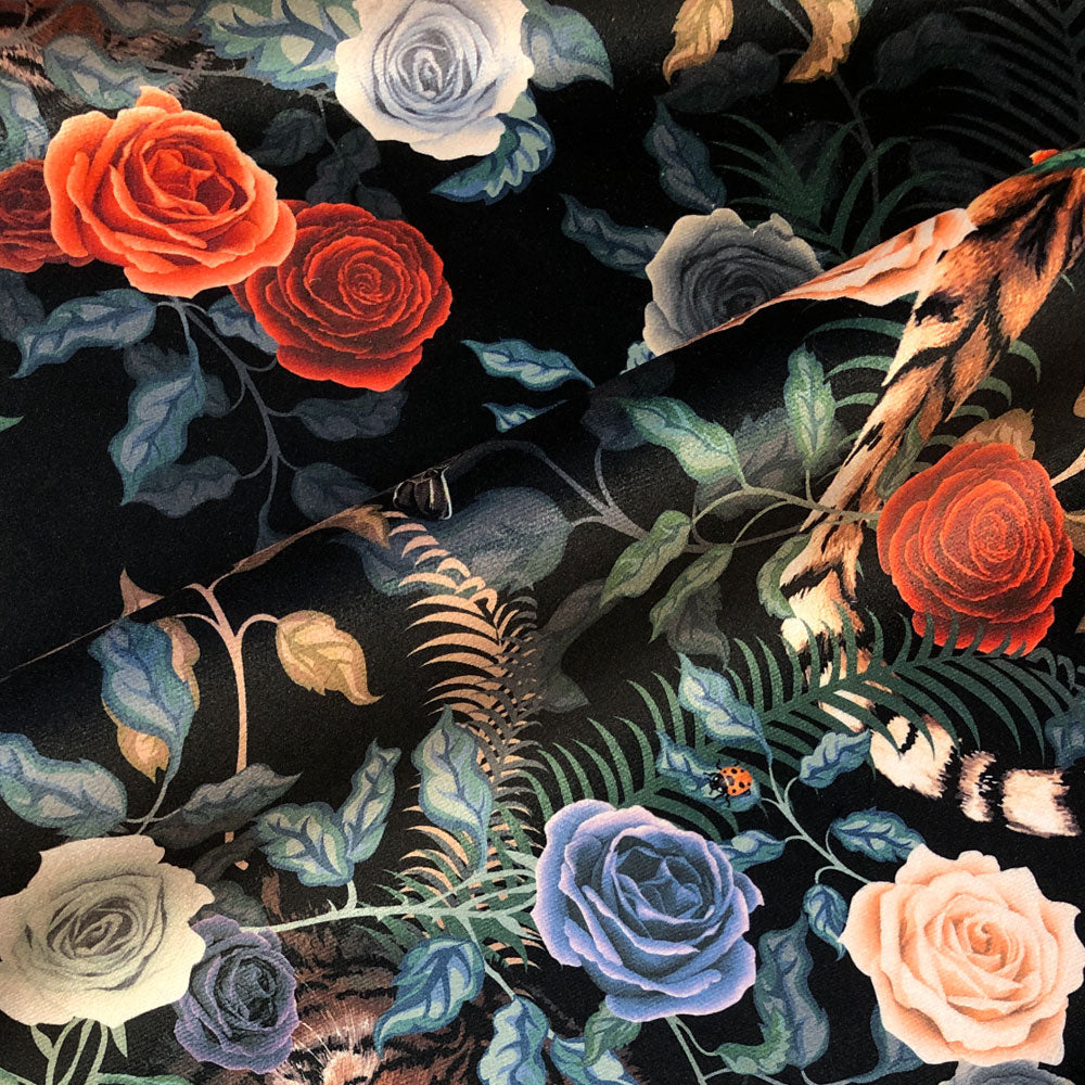 Dramatic dark floral furnishing fabric with tigers becca who