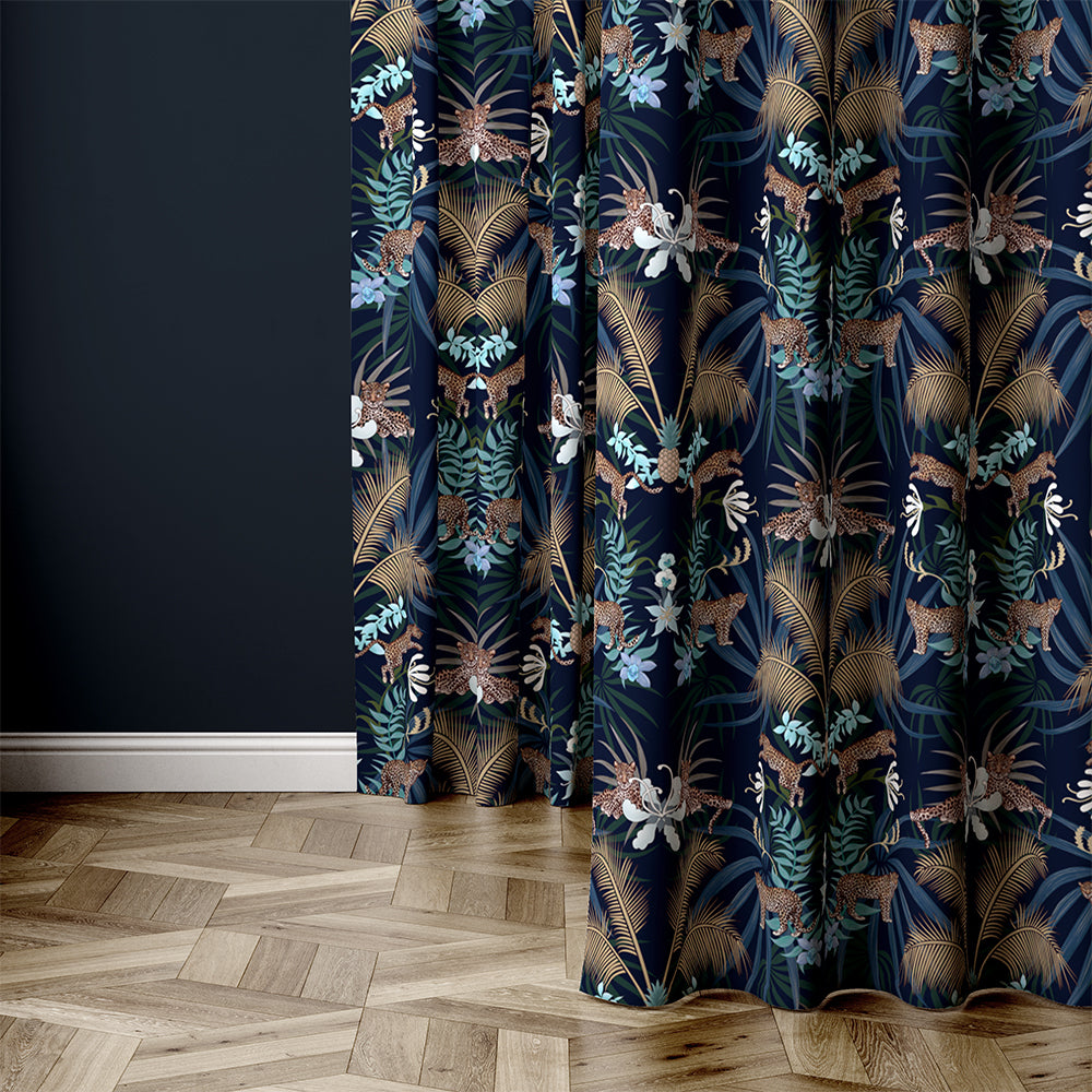 Navy & Gold Velvet Leopards Curtain Fabric by Designer, Becca Who