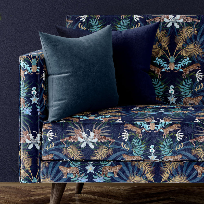 Bold Leopards Fabric in Navy Blue & Gold for opulent Designer Upholstery by Becca Who