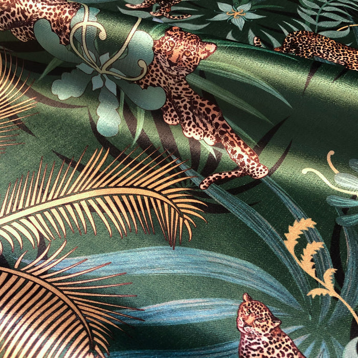 Elegant, Luxurious Green Furnishing Fabric with Leopards by UK Designer, Becca Who