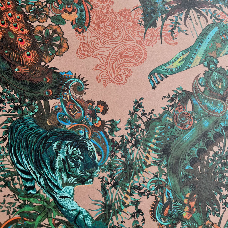 Maximalist Wallpaper with Indian Pattern in Emerald & Salmon by Designer Becca Who